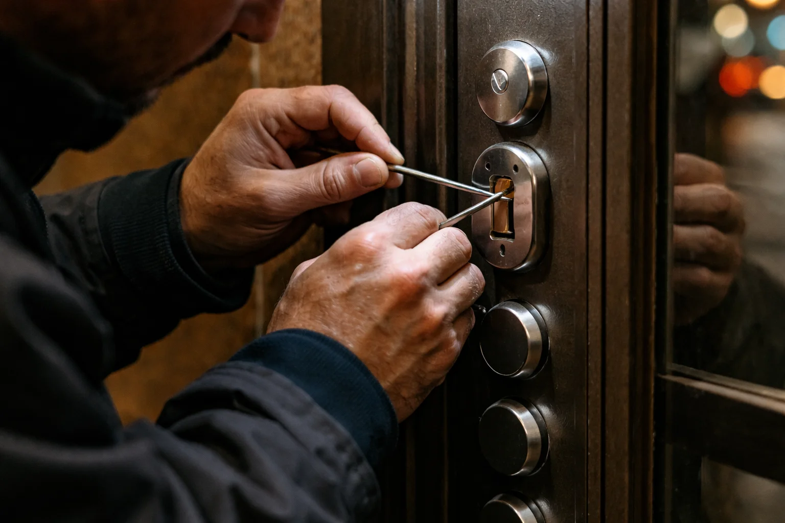 Detalle de apertura de cerradura blindada por un cerrajero profesional