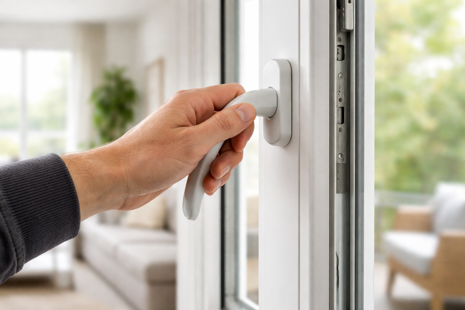 Mano ajustando una ventana oscilobatiente de PVC en un piso de Madrid