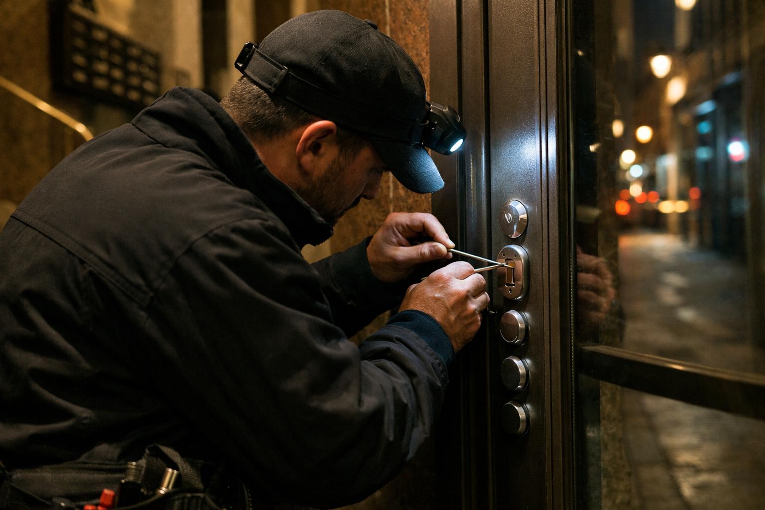 Cerrajero 24 horas abriendo una puerta blindada en un portal de Madrid